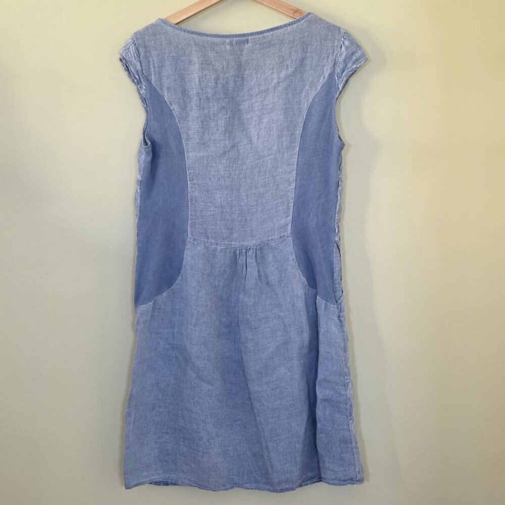 Lina Tomei Linen Dress XL Runs Small Blue Embroidered Pockets SS Linen Coastal - Picture 2 of 15